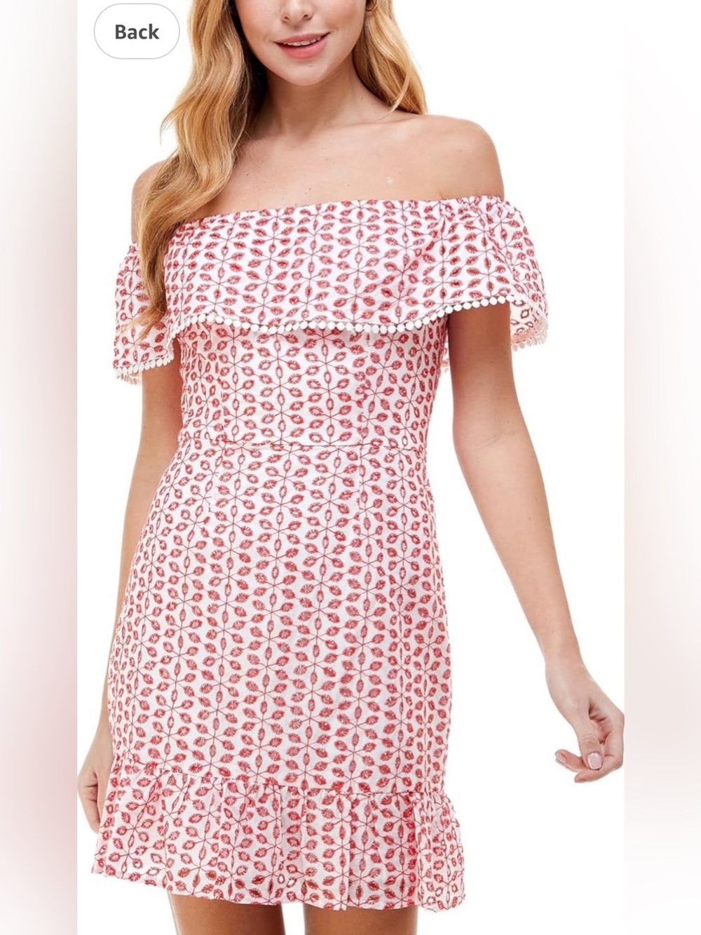 City Vibe Dress Off-Shoulder Eyelet Red/White Patterned Dress Junior Size 3 EUC
